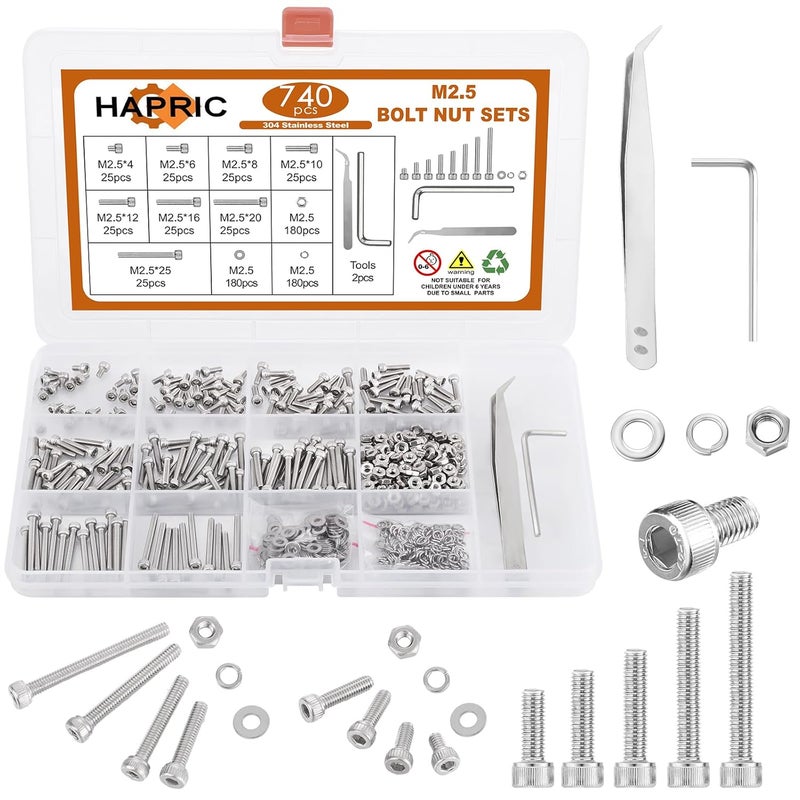 Hapric 740 Pcs M2.5 Screws Kit M2.5 Screw Assortment Nuts and Bolts Assortment Kit Metric Machine Screw Kit, 304 Stainless Steel Hex Socket Head Screws Nuts Bolts and Washers Set - Image 1